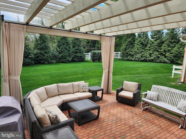 view of patio / terrace featuring an outdoor hangout area and a pergola