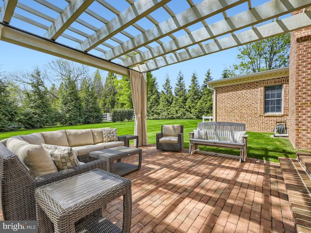 wooden deck featuring a yard, outdoor lounge area, and a pergola