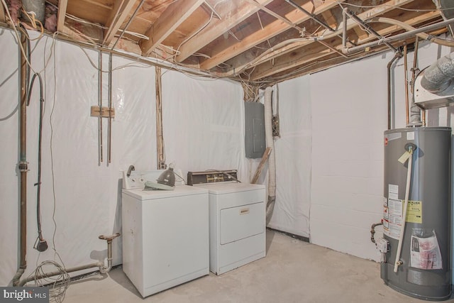 unfinished below grade area featuring gas water heater, washing machine and dryer, and electric panel