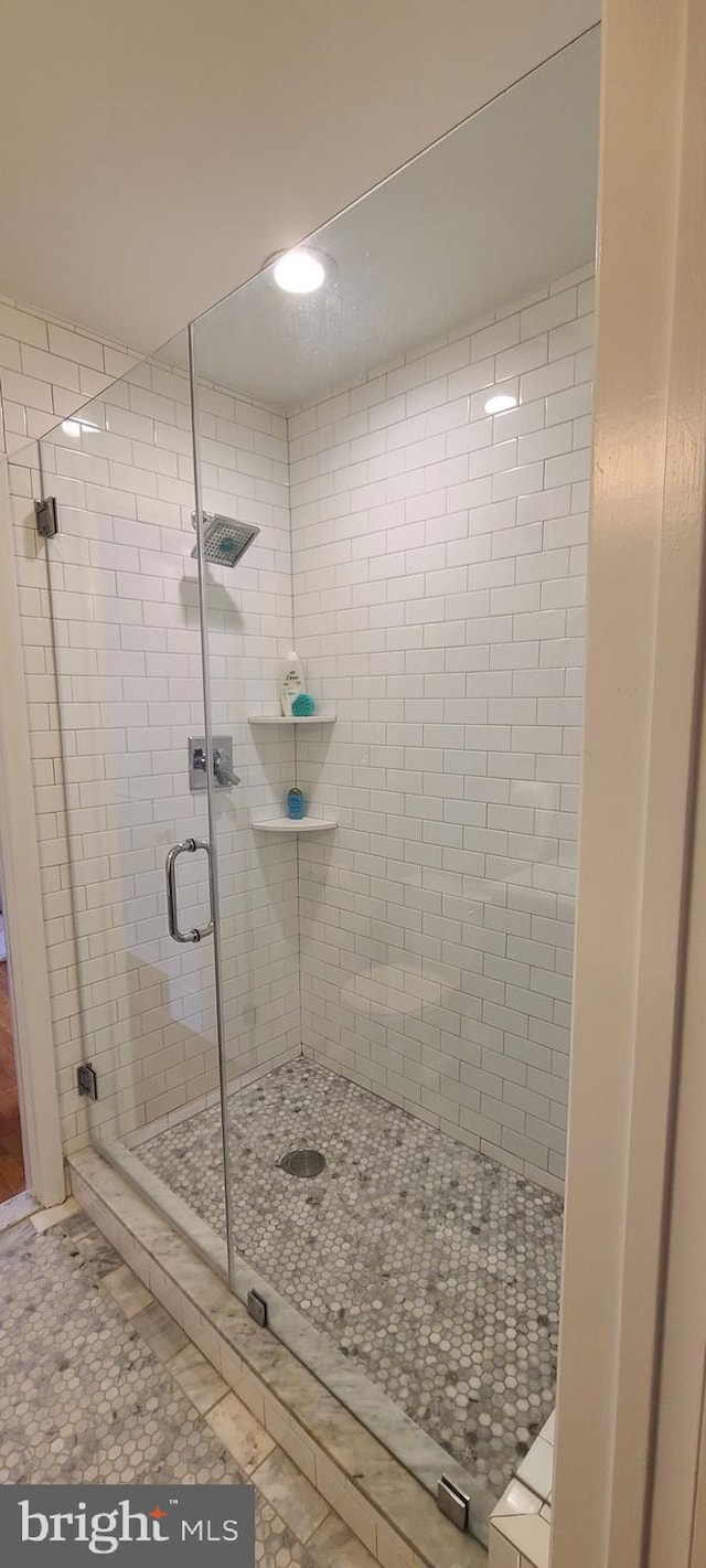 full bathroom featuring tile patterned flooring and a shower stall