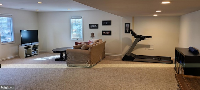 workout room with carpet floors, recessed lighting, and baseboards