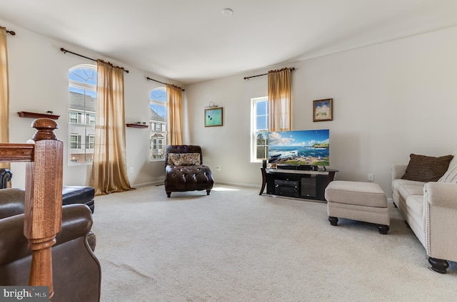 living area with carpet, a healthy amount of sunlight, and baseboards