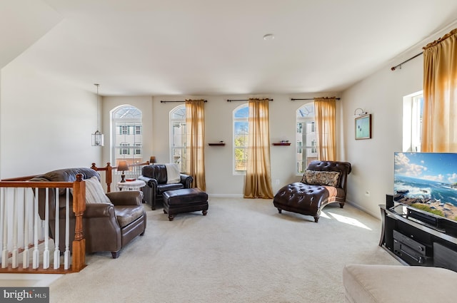 living area with carpet flooring, plenty of natural light, and baseboards