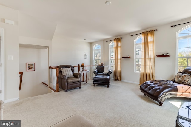 living area with carpet flooring, a healthy amount of sunlight, and an upstairs landing