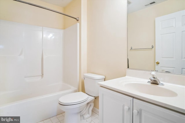 bathroom with visible vents, toilet, shower / tub combination, tile patterned flooring, and vanity