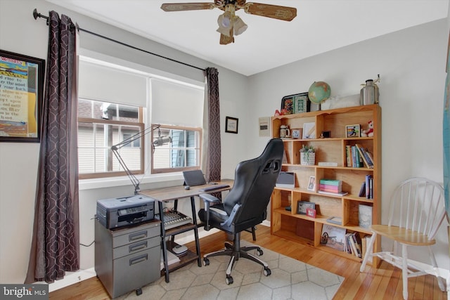 office with a ceiling fan and light wood-style floors