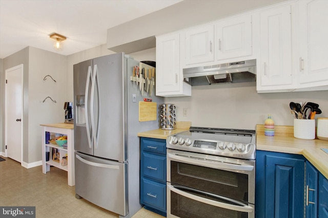 kitchen featuring light countertops, blue cabinetry, appliances with stainless steel finishes, and under cabinet range hood