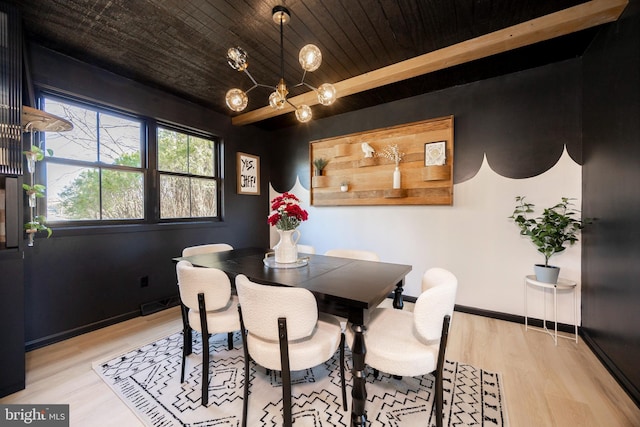 dining area with a chandelier, wooden ceiling, visible vents, baseboards, and light wood-style floors