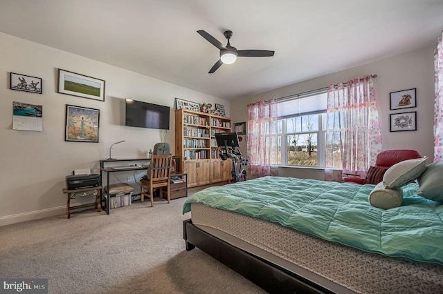 bedroom featuring carpet floors, ceiling fan, and baseboards