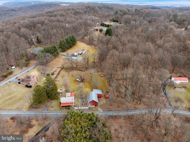 birds eye view of property featuring a forest view