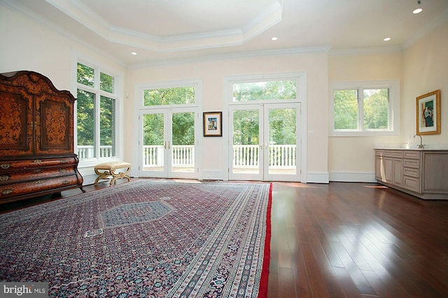 1347 Kirby Rd, Mclean, VA 22101 - living area with plenty of natural light, a tray ceiling, ornamental molding, and dark wood finished floors