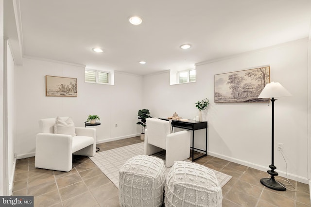 office space with baseboards, ornamental molding, and recessed lighting