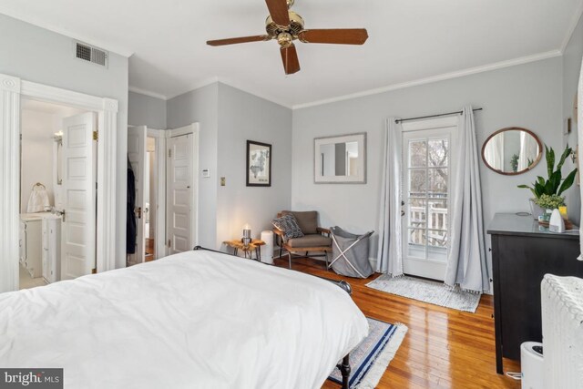 bedroom featuring visible vents, ceiling fan, access to exterior, crown molding, and light wood-type flooring