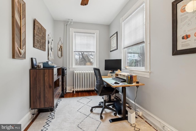 office area featuring radiator, baseboards, and wood finished floors