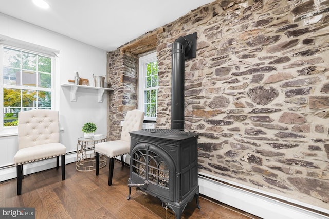 living area featuring a baseboard radiator, a wood stove, and wood finished floors