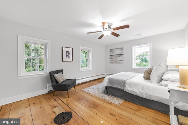 bedroom featuring a baseboard radiator, multiple windows, visible vents, and hardwood / wood-style floors