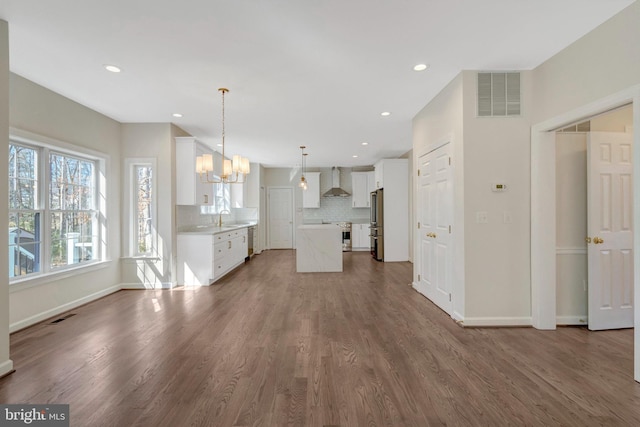 unfurnished living room with dark wood-type flooring, visible vents, and a sink