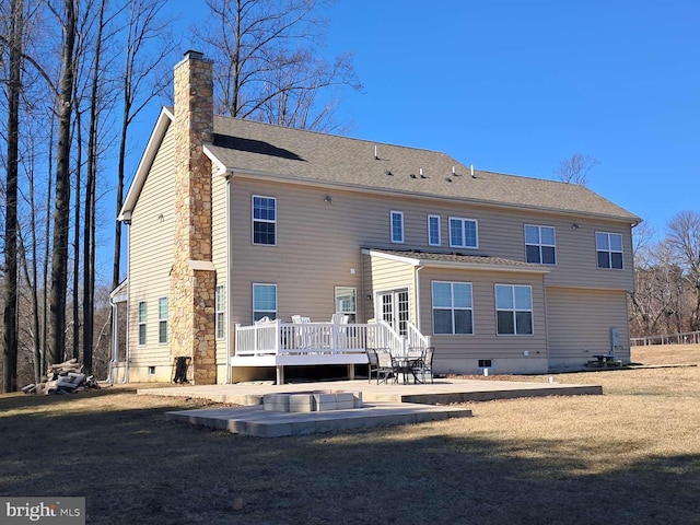 1392 Hickory Hill Rd, Chadds Ford, PA 19317 - back of property featuring a patio area, a lawn, a chimney, and a wooden deck