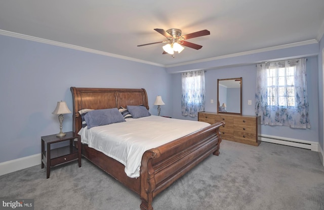 bedroom featuring carpet floors, multiple windows, and a baseboard radiator