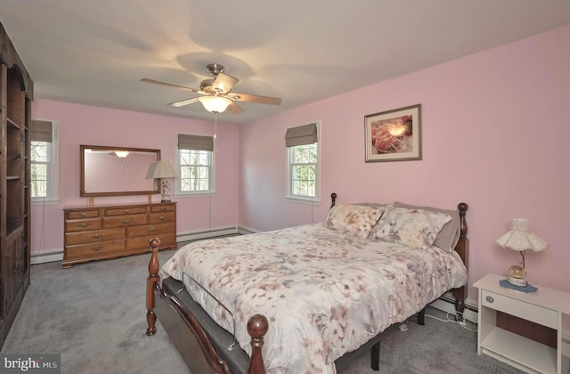 carpeted bedroom featuring a baseboard heating unit and ceiling fan