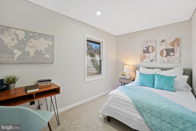 carpeted bedroom with recessed lighting and baseboards