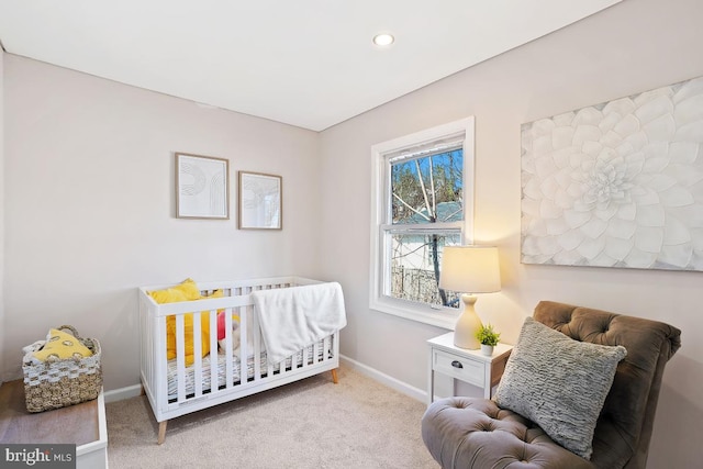 bedroom featuring carpet, baseboards, and recessed lighting