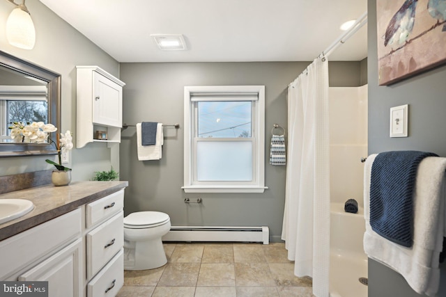 full bathroom with curtained shower, a baseboard radiator, a wealth of natural light, and vanity