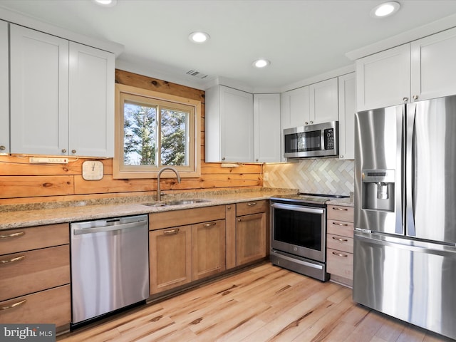 kitchen featuring stainless steel appliances, a sink, light wood-type flooring, decorative backsplash, and white cabinets