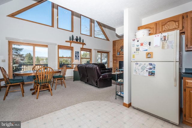 dining room featuring a healthy amount of sunlight, light floors, and a high ceiling