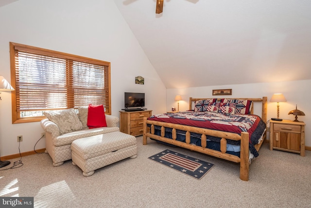 bedroom with a ceiling fan, carpet, lofted ceiling, and baseboards