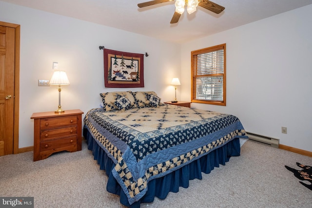 carpeted bedroom featuring a baseboard radiator, ceiling fan, and baseboards