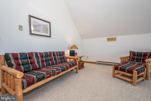 carpeted living room featuring a baseboard radiator and lofted ceiling