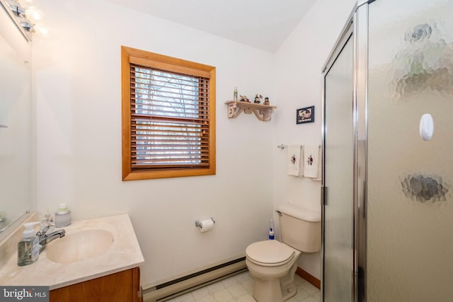 bathroom with a baseboard radiator, toilet, a shower stall, and vanity