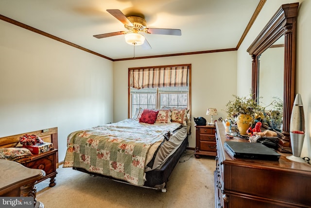 bedroom featuring ornamental molding, light carpet, ceiling fan, and baseboards