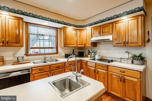 kitchen with dishwashing machine, a sink, black electric cooktop, and under cabinet range hood