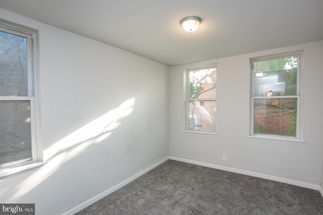 unfurnished room with a healthy amount of sunlight, carpet, and baseboards