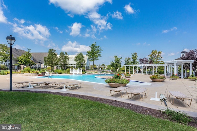 pool featuring a lawn, a patio, fence, and a pergola