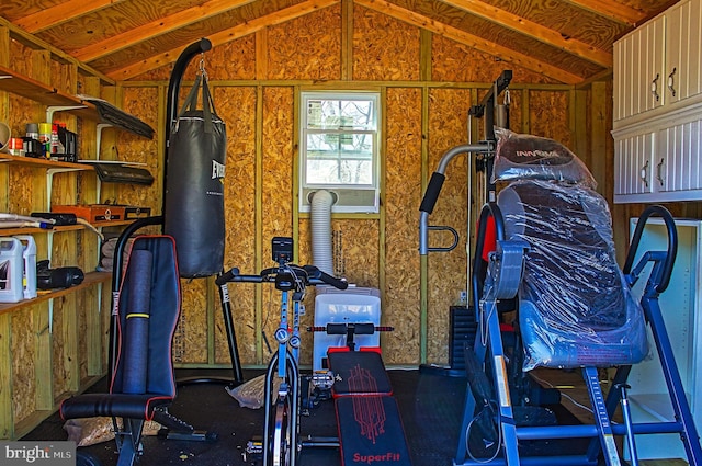 workout area featuring lofted ceiling