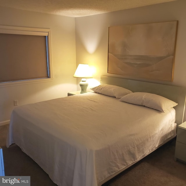 carpeted bedroom with a textured ceiling