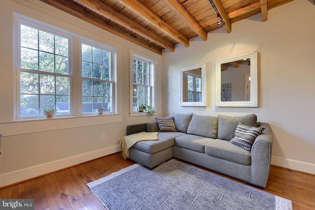 living area with hardwood / wood-style floors, a wealth of natural light, and wooden ceiling