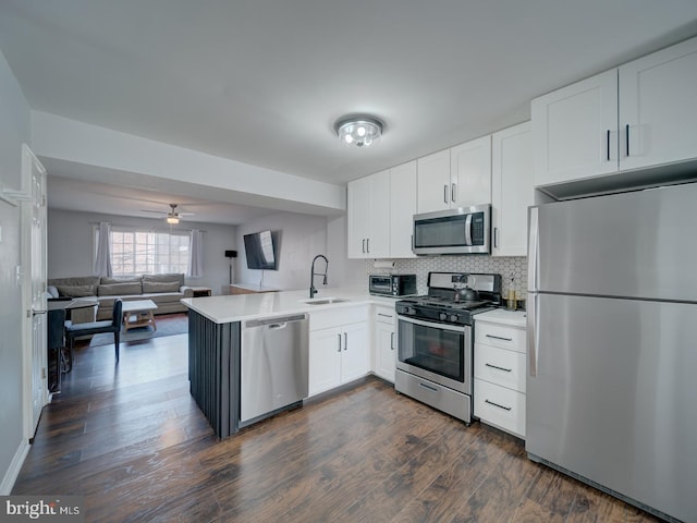 kitchen featuring open floor plan, a peninsula, light countertops, stainless steel appliances, and a sink