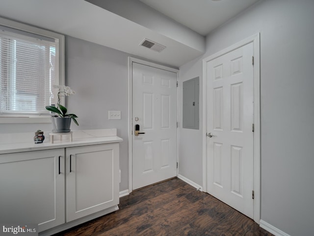 interior space with baseboards, dark wood-style flooring, visible vents, and electric panel