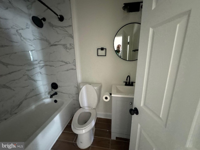 full bathroom with shower / bath combination, vanity, toilet, and baseboards