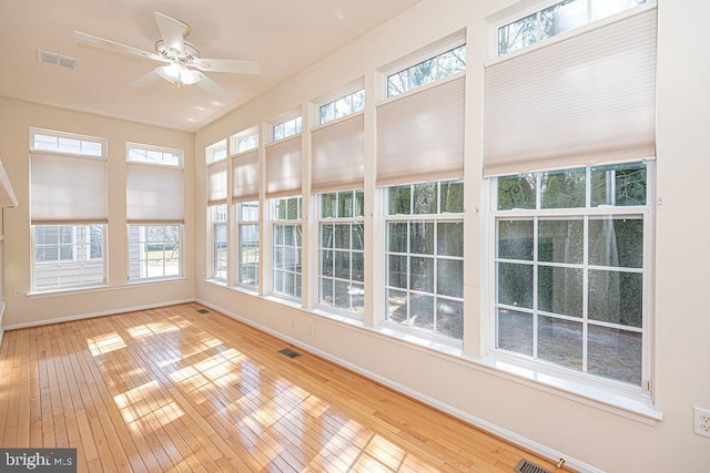 unfurnished sunroom featuring visible vents and ceiling fan