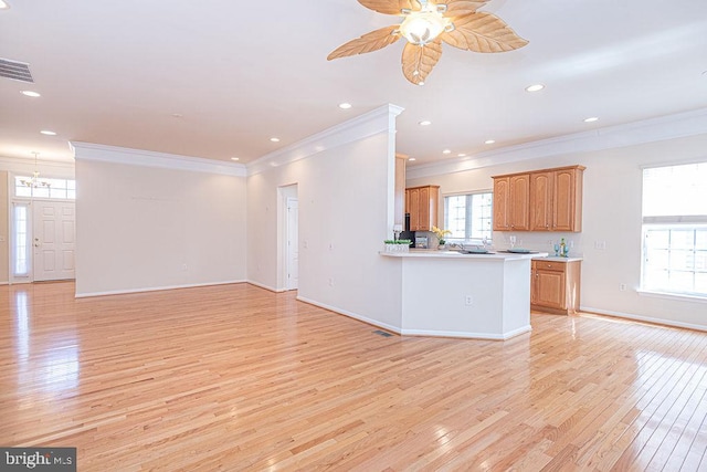 kitchen with a wealth of natural light, light countertops, light wood-style flooring, and visible vents