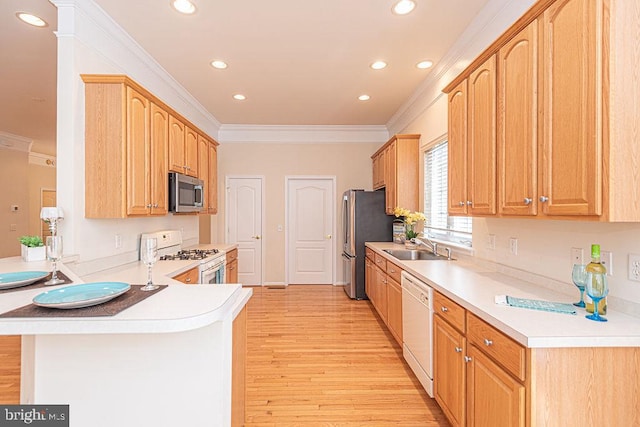 kitchen featuring a peninsula, light wood-style floors, appliances with stainless steel finishes, and crown molding