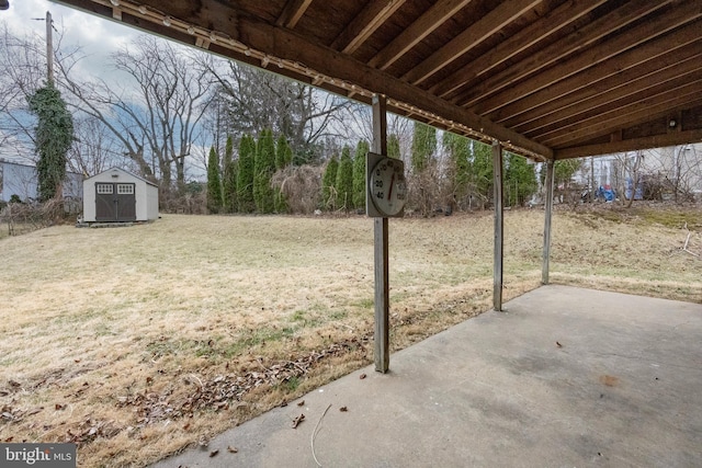 view of yard with a patio, a storage unit, and an outdoor structure