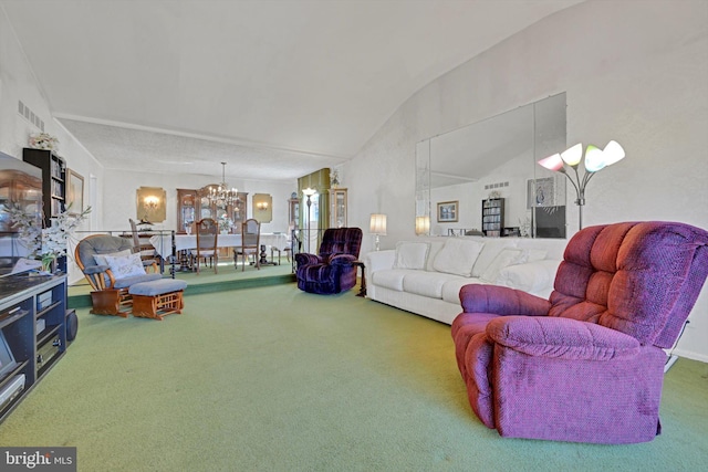 carpeted living room featuring visible vents, lofted ceiling, and a chandelier