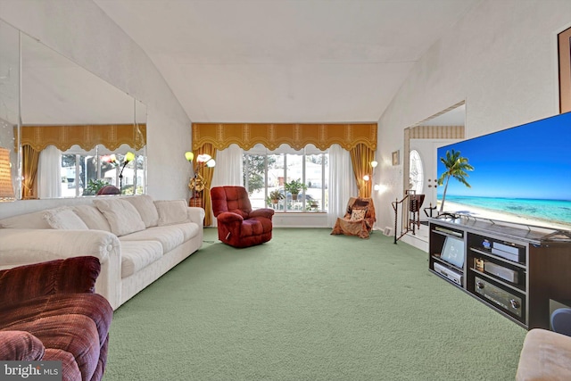 living room with vaulted ceiling and carpet flooring