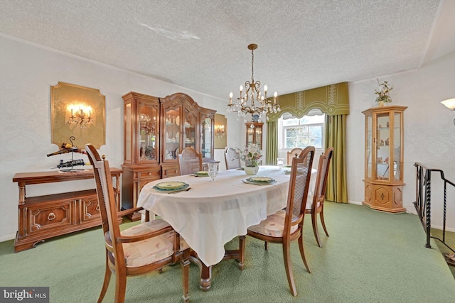 carpeted dining area featuring a chandelier and a textured ceiling